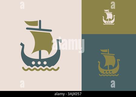 Majestic Viking Long Ship Logo Sailing Rough Seas Stock Vector