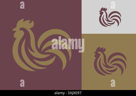 Rooster Silhouette Abstract Logo Illustration Bold Chicken Gold Maroon Burgundy Color Branding Stock Vector