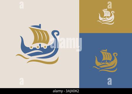 Longboat Viking Logo Ship Sailboat Longboat Nordic Scandinavian Ocean Wave Stock Vector