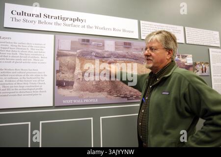Wayne State University recently opened its anthropology museum on campus with an exhibit exploring the neighborhood now known as Corktown. It is considered Detroit's oldest neighborhood where some of Detroit's newest citizens of Irish decent resided. Thomas Killion,(CQrhb) associate professor of anthropology has lead this dig with his students and students from local public and private schools in Detroit.  Since 2006 they have excavated at the Workers' row house built in 1849 where the working class of Detroit was growing at that time. The project shows how these people were living, eating, an Stock Photo