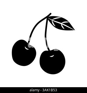 Black silhouette of two cherries with a leaf on a white background Stock Vector