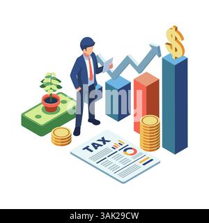 Isometric Businessman Managing Income Tax with Document and Money. Income Tax Concept Stock Vector