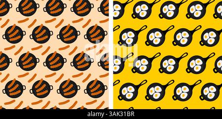 Cast iron grill pan Fried sausages Fried eggs with yolk Seamless Pattern Food Background idea Set 2. Isolated Vector illustration Culinary poster, menu card, brochure, price, label or web promo banner Stock Vector