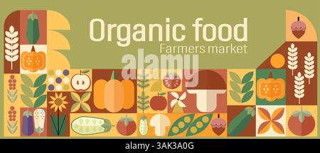 Farm Food and Organic Market Posters. Vegetable abstract geometric pattern. Mosaic Scandinavian background. Agriculture and farming background. Stock Vector