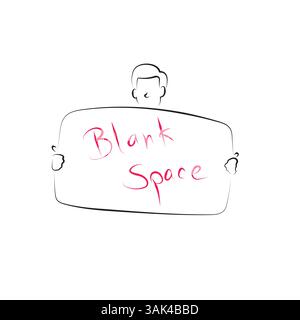 man holding big blank sign illustration vector hand drawn with black lines isolated on white background. Stock Vector