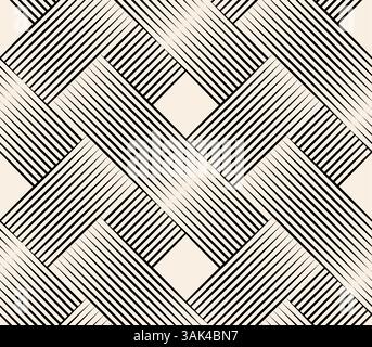 Thin lines squares, rectangles weave abstract seamless pattern.. Black beige geometric pattern. Stock Vector