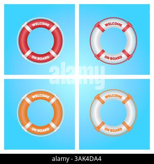Realistic red orange and white boat lifebuoy rings Stock Vector