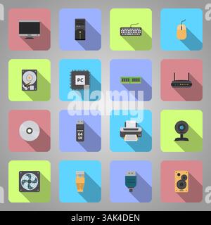 Computer hardware icons white flat design in square vector Illustration Stock Vector