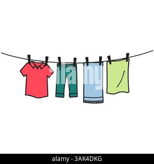Colorful Laundry Drying, on Clothesline with Clothespins Stock Vector