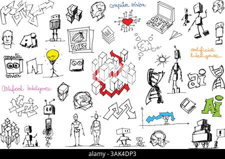 hand drawn architectural sketches of artificial intelligence topics and robots and network structures and DNA analysis by AI Stock Vector