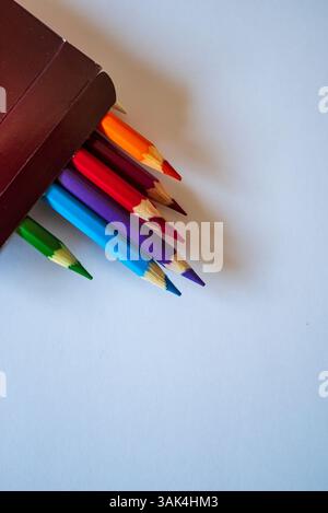 group of colored pencils laud out on a blank white sheet of paper Stock Photo