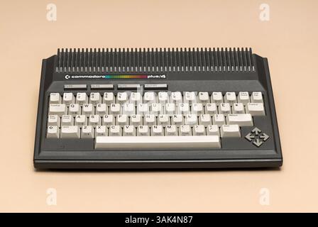 Pavia, Lombardy, Italy - December 8, 2024: Commodore Plus 4, home computer from 1984 at MUSDI Museum. With a 64 kB RAM, previously was named as Commod Stock Photo