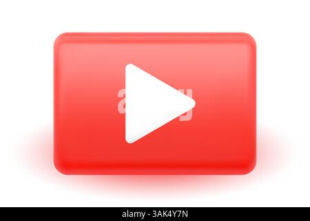 3D rectangle play button red with white triangle icon. Modern video media symbol for streaming platforms, digital interface element. Play button for Stock Vector
