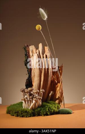 Contemporary still life with dried hydrangea, dried eryngium flowers and brown corkscrew on a dark background Northern natural composition with lichen Stock Photo