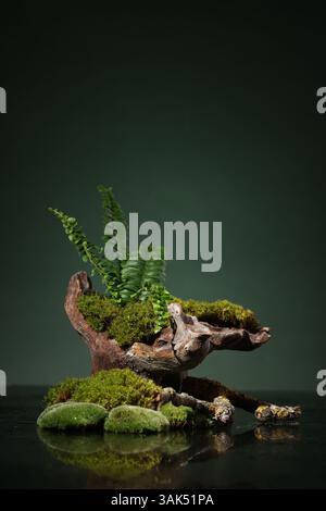 Contemporary still life with dried hydrangea, dried eryngium flowers and brown corkscrew on a dark background Northern natural composition with lichen Stock Photo