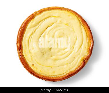 Whole Cheesecake isolated on white background, horizontal view from above, flat lay Stock Photo