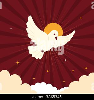 Pentecost Sunday Holy Spirit. White Dove with Halo. Card square Banner Poster for Biblical Series Vector Illustration. Divine symbolism for Pentecost Stock Vector