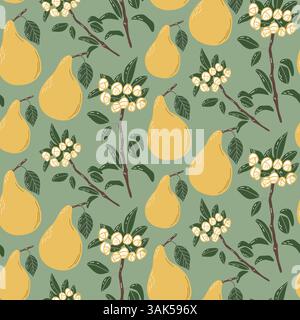 Seamless Pattern with Pears and Branches on Green Background Stock Vector