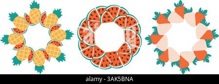 Pineapple Watermelon slices White and Red Strawberry Circular Frame borders Copy space Template Set. Isolated Vector illustration Thematic or menu cards or web promo banner, leaflets, price tag, label Stock Vector