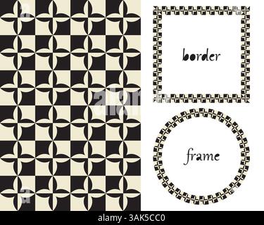 Checkered board grid ornamental seamless pattern, frame set. Decorative geometrical Square, Circle border background. Black white vintage colour Stock Vector