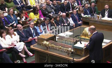 Screen grab of cabinet ministers (left to right) Leader of the House of Commons, Lucy Powell, , Deputy Prime Minister Angela Rayner, Business and Trade Secretary Jonathan Reynolds, Prime Minister Sir Keir Starmer, Education Secretary Bridget Phillipson, Energy Security and Net Zero Secretary Ed Miliband, Welsh Secretary Jo Stevens, Chancellor of the Duchy of Lancaster Pat McFadden, and Work and Pensions Secretary Liz Kendall in the House of Commons during the debate on draft legislation giving the Government "the power to direct steel companies in England" to protect British Steel's Scunthorpe Stock Photo