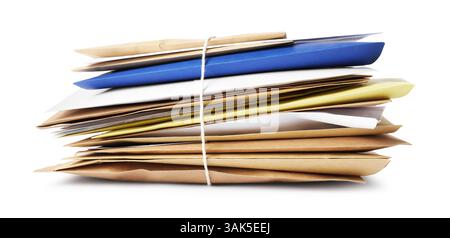 Stack of different paper envelopes isolated on white. Post office Stock Photo