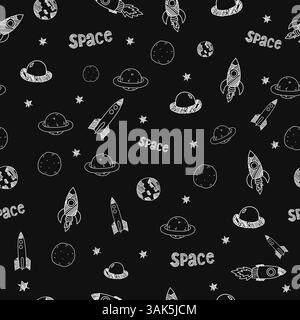 Vector seamless pattern doodle style drawing space on a black background like chalk on a blackboard Stock Vector