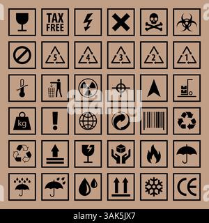 Vector packaging symbols on vector cardboard background Stock Vector