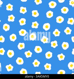 Fried eggs seamless pattern wallpaper on blue background Stock Vector