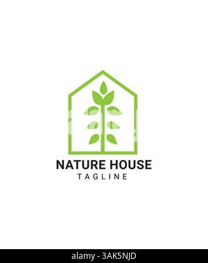 creative green house logo, abstract leaf house logo, nature outline house logo Stock Vector