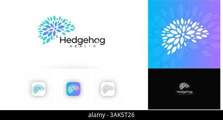 Mental Health Logo With Abstract Hedgehog Shape Made Of Leaves In Blue Gradient For Wellness, Medical, Nature, Spa, Organic, Eco, Beauty Branding And Stock Vector
