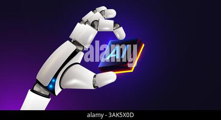 Robot hand holding processor. Technology, machine learning, neural network, Artificial Intelligence, AI. Vector illustration Stock Vector