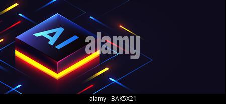 Brightly glowing glass AI chip on circuit board. Technology background. CPU processor on tech bg. Computer microchip on motherboard. Vector illustration Stock Vector