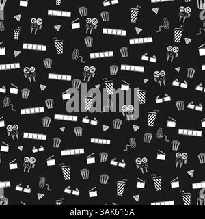 Seamless pattern with hand-drawn movie doodles watching movies in white on a black background Stock Vector