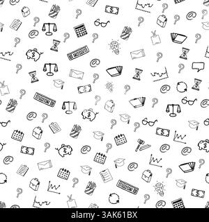 Seamless pattern doodle business currency ratings infographics currency in black on a white background Stock Vector