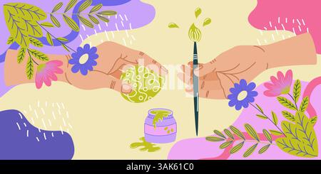 Two hands holding paintbrush and decorated egg with spilled paint jar surrounded by flowers and leaves on abstract colorful background. Easter Stock Vector