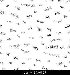 Seamless pattern doodle formulas and equations of scientists in black on a white background Stock Vector