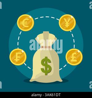 Money bag on blue background and dotted line with euro dollar coins for web design and finance Stock Vector