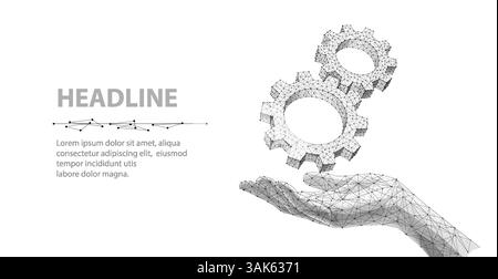 Hand holding 3d gear mechanism. Engine solution, digital technical support. Stock Vector