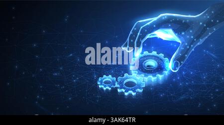Digital gears in hand. Mechanical design, engineering blueprint, cog wheel. Stock Vector