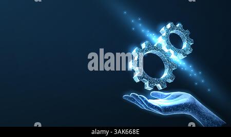 Hand holding 3d gear mechanism. Engine solution, digital technical support. Stock Vector