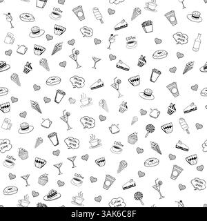 Seamless pattern with doodle cafe with ice cream hearts cakes coffee tea cake cups on a white background Stock Vector
