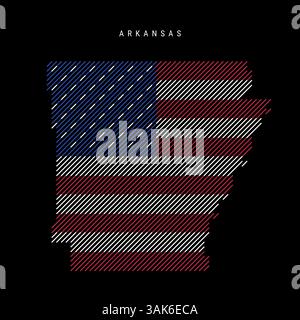 Arkansas US state hatched silhouette map of slanted parallel lines pattern in the colors of the American flag, textured stylized map. Vector illustrat Stock Vector