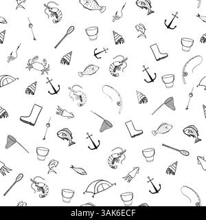 Vector seamless fishing pattern which depicts a fishing rod Stock Vector