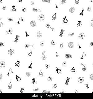 Seamless doodle pattern of science elements background with atom chemical molecule graphics test tubes microscope on white background Stock Vector