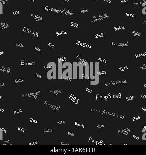 Seamless doodle pattern with formulas and graphs of trigonometric functions on a black background Stock Vector