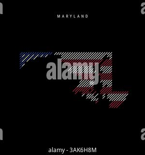 Maryland US state hatched silhouette map of slanted parallel lines pattern in the colors of the American flag, textured stylized map. Vector illustrat Stock Vector