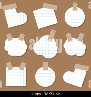 Collection of various checkered and lined note papers with sticky tape ready for your message vector illustration Stock Vector