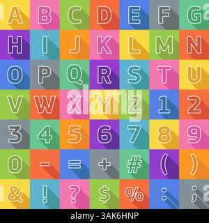 Vector alphabet with symbols and letters on bright colored backgrounds Stock Vector