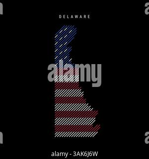 Delaware US state hatched silhouette map of slanted parallel lines pattern in the colors of the American flag, textured stylized map. Vector illustrat Stock Vector